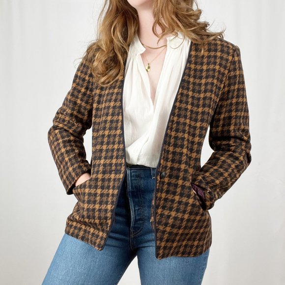 Vintage Jackets & Blazers - Vintage Union Made Oversized Wool Houndstooth Tweed Knit Plaid Blazer Suit Coat